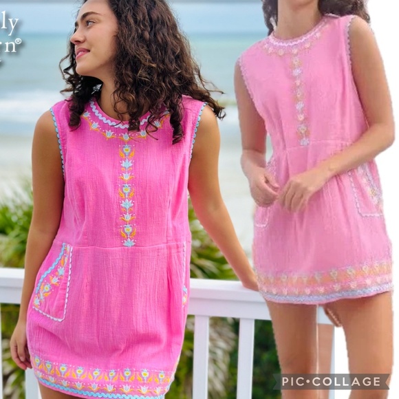 Simply Southern Pink Embroidered Flowers Rickrack Trim Sleeveless Dress Size XL - Picture 1 of 16